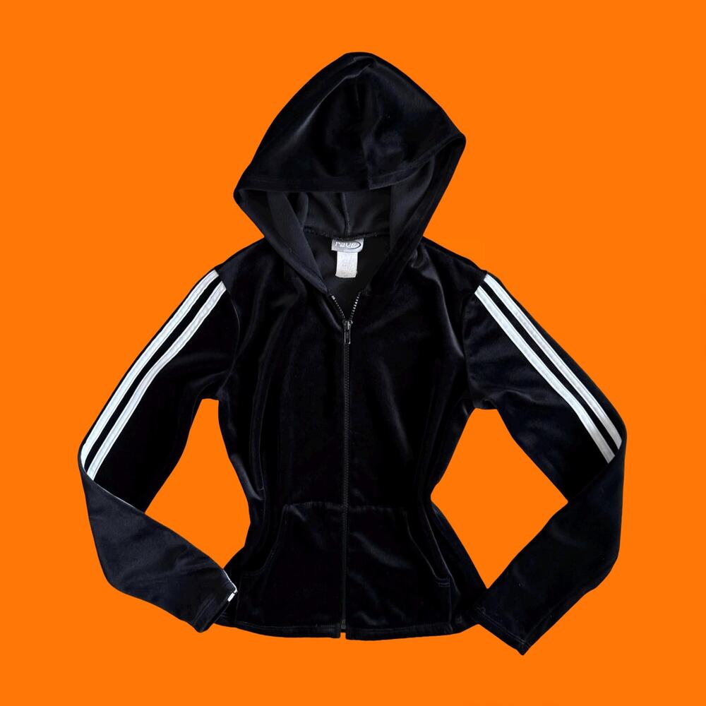 90's 00's vintage black velour sporty mcbling y2k track jacket XS rave